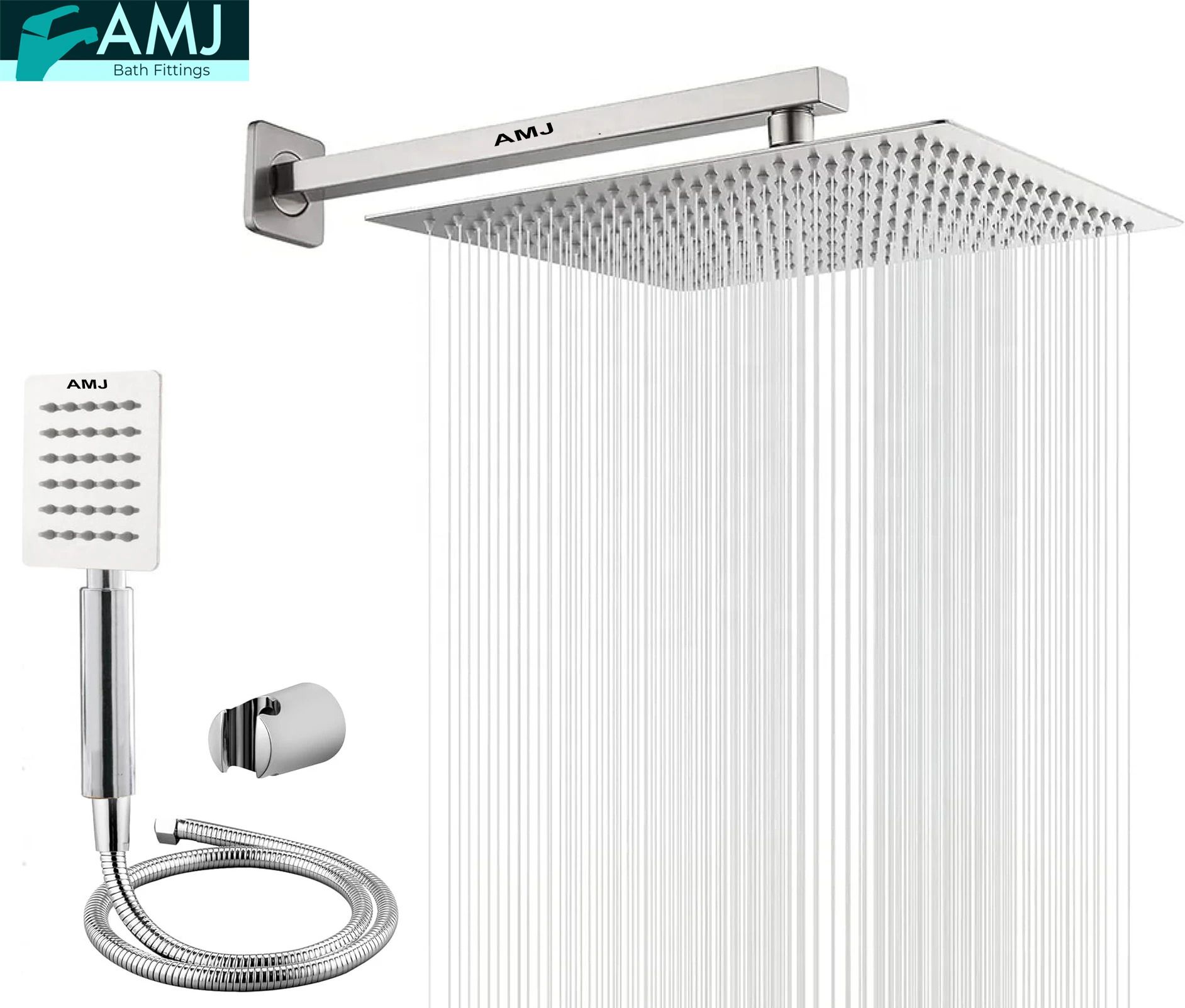 AMJ COMBO of SS304 UltraSlim High Pressure Rainfall Shower Head With Shower Fit Arm HandShower (SS),SS304 1.5mtr Tube And Hook 8X8+18Inch Arm+HandShower Set)-picture-11