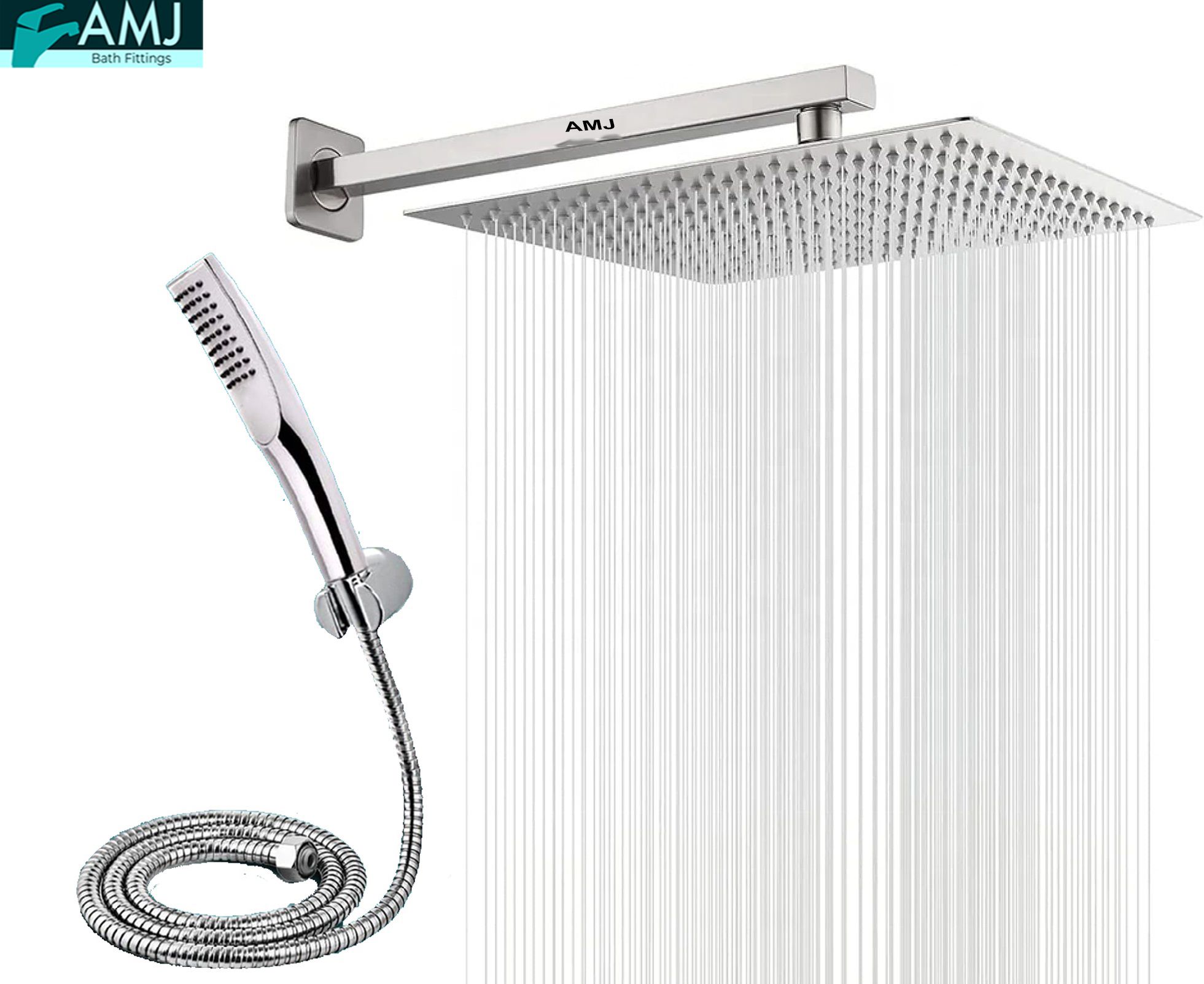 AMJ COMBO of SS304 UltraSlim High Pressure Rainfall Shower Head With Shower Fit Arm HandShower (ABS),SS304 1.5mtr Tube And Hook 8X8+18Inch Arm+HandShower Set)-image-49