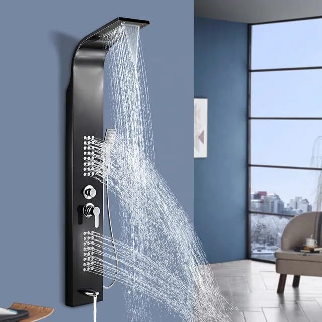 AGOEN Black Thermostatic 5-in-1 Shower Panel Tower Wall Mounted Shower Panel with Mixer, Massage Jets & Handheld Shower Rainfall & Waterfall Overhead Shower | Multi-Mode Hand Shower Included-image-49