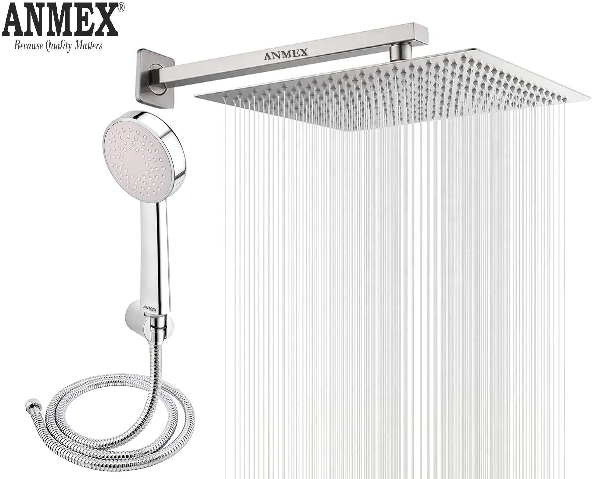 ANMEX COMBO of SS304 UltraSlim High Pressure Rainfall Shower Head With Shower Fit Arm HandShower (ABS),SS304 1.5mtr Tube And Hook 8X8+18Inch Arm+HandShower Set)-picture-12