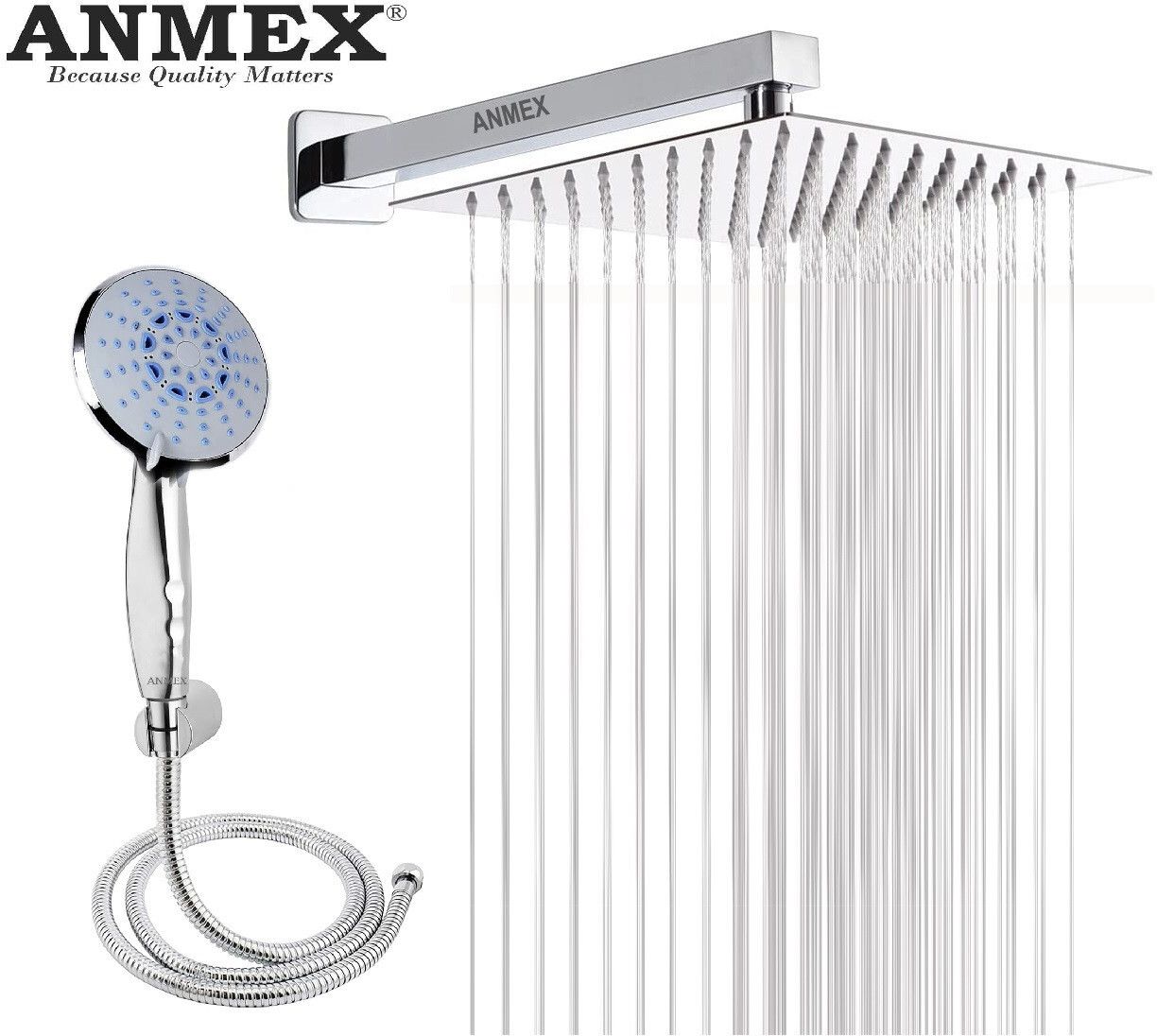 ANMEX COMBO of SS304 UltraSlim High Pressure Rainfall Shower Head With Shower Fit Arm HandShower (ABS),SS304 1.5mtr Tube And Hook 6X6+18Inch Arm+HandShower Set)-picture-34