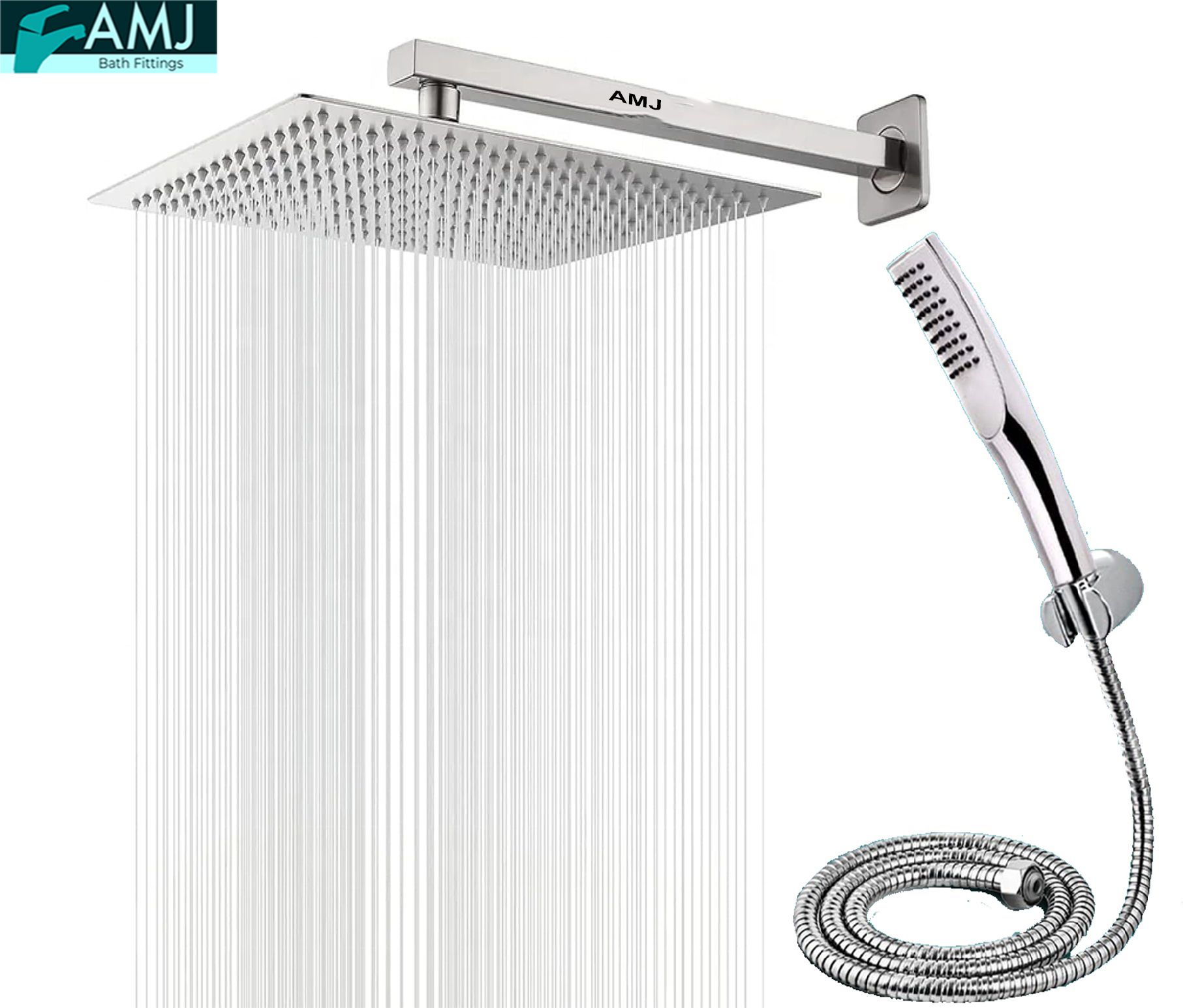 AMJ COMBO of SS304 UltraSlim High Pressure Rainfall Shower Head With Shower Fit Arm HandShower (ABS),SS304 1.5mtr Tube And Hook 8X8+15Inch Arm+HandShower Set)-image-44