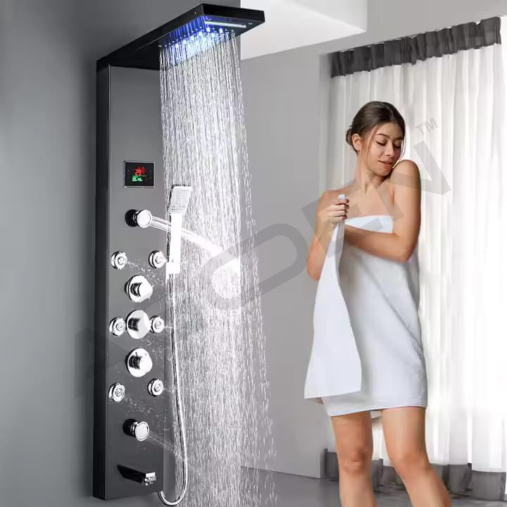 FOURVIEW 304 Grade Stainless Steel Shower Panel 6-in-1 Wall-Mount Shower Tower System with Display LED Rainfall, Waterfall, Body Jets & Handheld Shower Ask ChatGPT