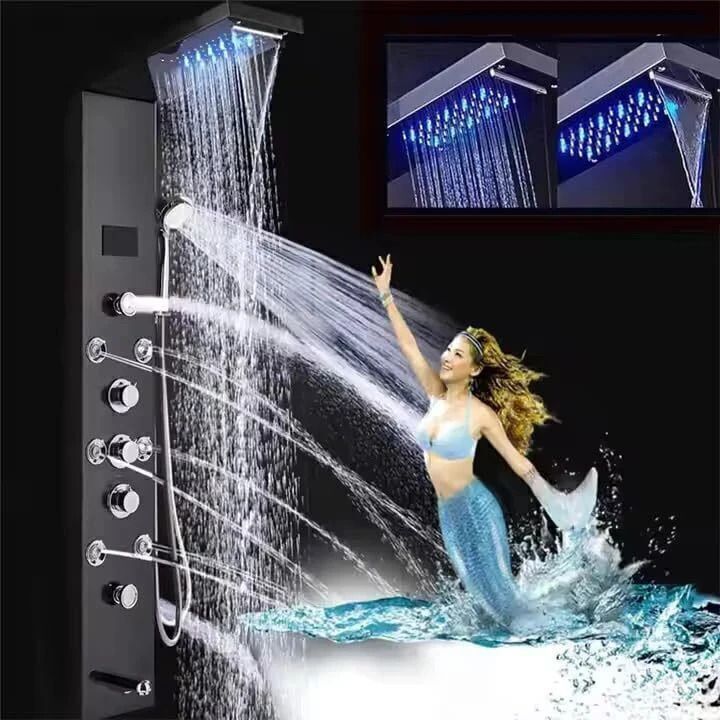 SIORE Shower Panel Matte Black Adition 6 in One Thermostate shower System Body Spray Handheld Shower, Wall Mount Easy Connect Shower Panel Temperature Display Brush Black Stainless Steel 304-picture-48