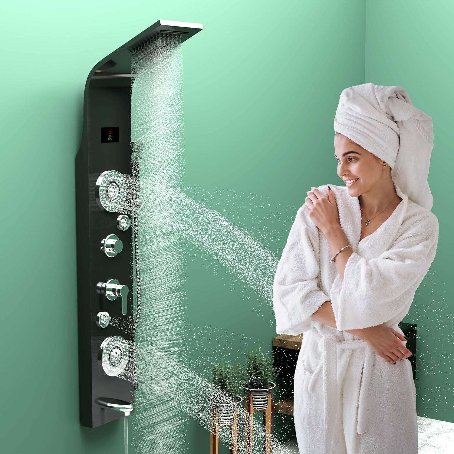AGOEN 5-in-1 LED Thermostatic Shower Panel with Body Jets & Hand Shower 5-in-1 LED Thermostatic Shower Panel Rainfall | Waterfall | Body Massage | Handheld | Temperature Display-image-14