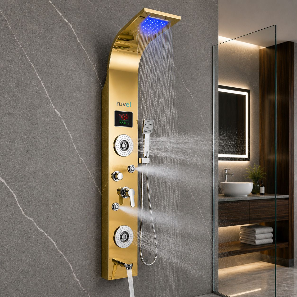 RUVEL Shower Panel - Sayflow with Hydropowered LED Light + Digital Display & 6 Water Functions With Top Rainfall Water Outlet, Waterfall Outlet-image-38