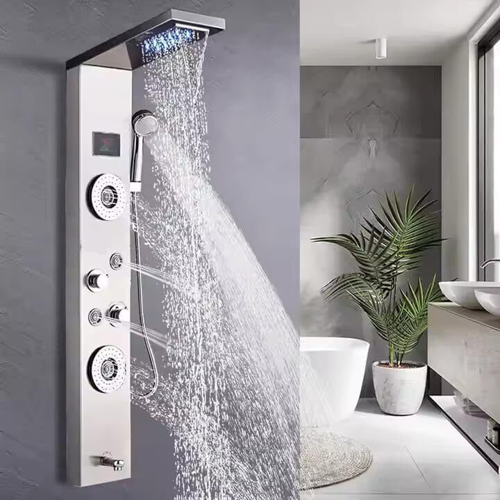 Prossimagen Shower Panel 304 Grade Stainless Steel Shower Panel 6 in 1 Shower System / Handshower with Waterfall Outletl / Tub Spout / Body 4 Body Massage Spray With Hot & cold Mixer-image-39
