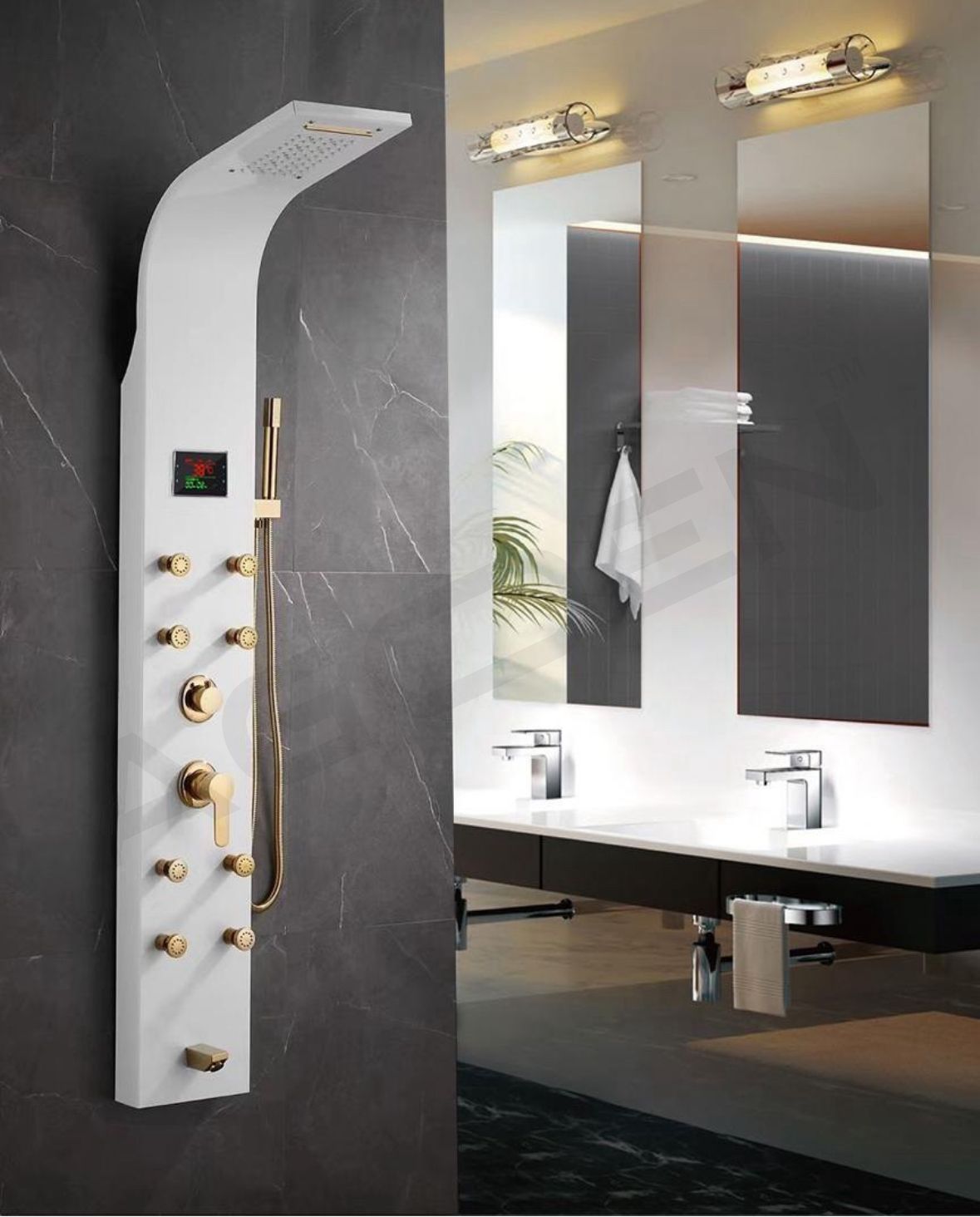 FOURVIEW Luxury Thermostatic Shower Panel Tower Stainless Steel Wall-Mounted Shower System Rainfall, Waterfall, 8 Body Jets, Hand Shower, Temp Display