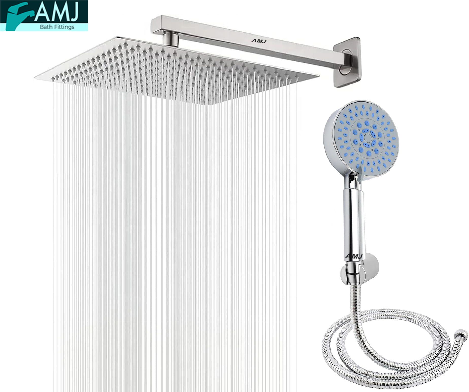 AMJ COMBO of SS304 UltraSlim High Pressure Rainfall Shower Head With Shower Fit Arm HandShower (ABS),SS304 1.5mtr Tube And Hook 8X8+15Inch Arm+HandShower Set)-image-43