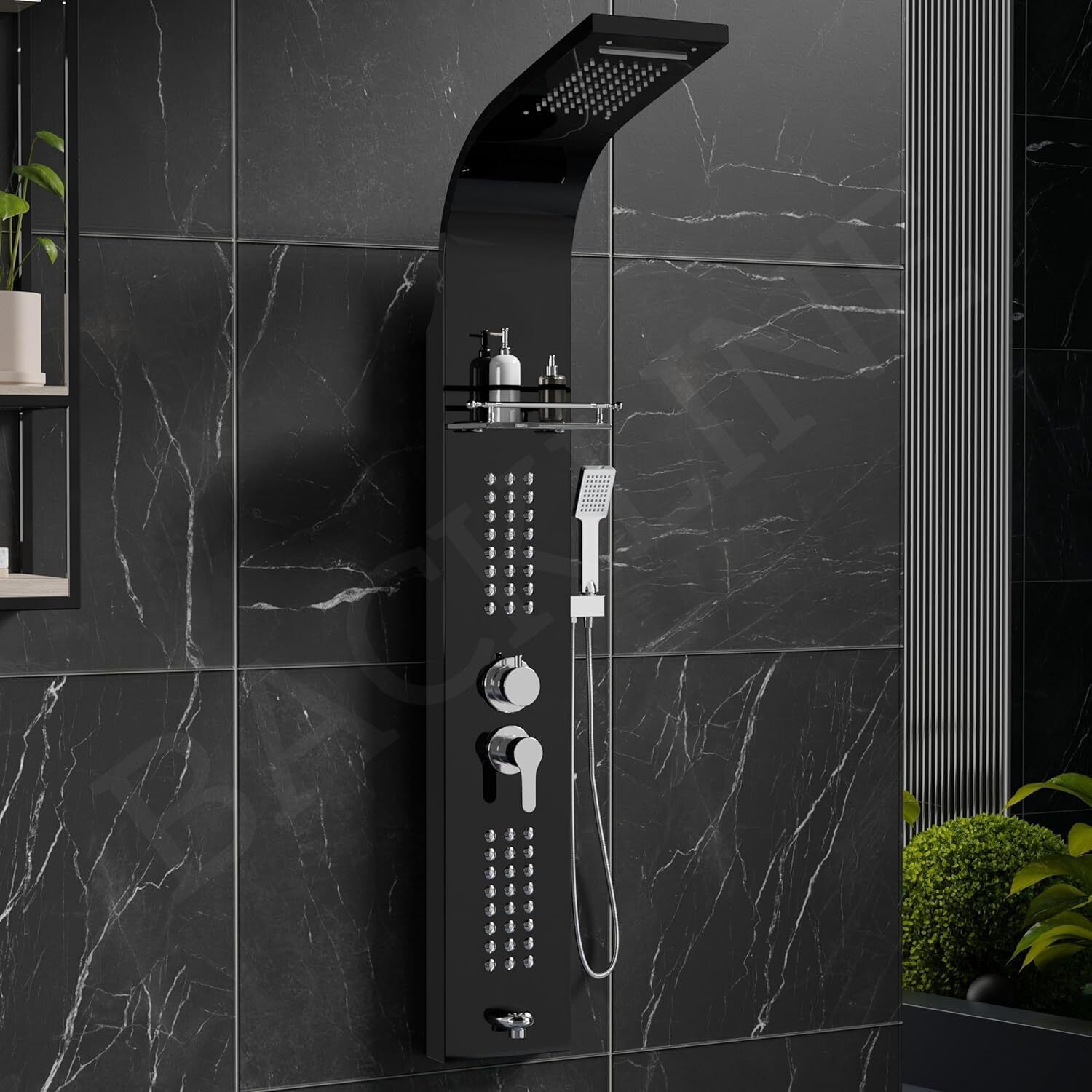 Allwinsink Hot & Cold Water Mixer/Built-in Shelf for Shampoo Storage/Shower Panel With 4 Water Functions Top Rainfall Water Outlet, Waterfall Outlet, (black Glossy)-picture-28