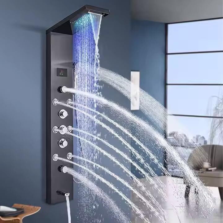 Prossimagen Thermostat Shower Panel Matte Black Edition, 5-in-1 System with 8 Body Massage Spray, Handheld Shower, Wall-Mounted Digital Display Temperature Shower Panel Stainless Steel 304 (Luxury Black)-image-44