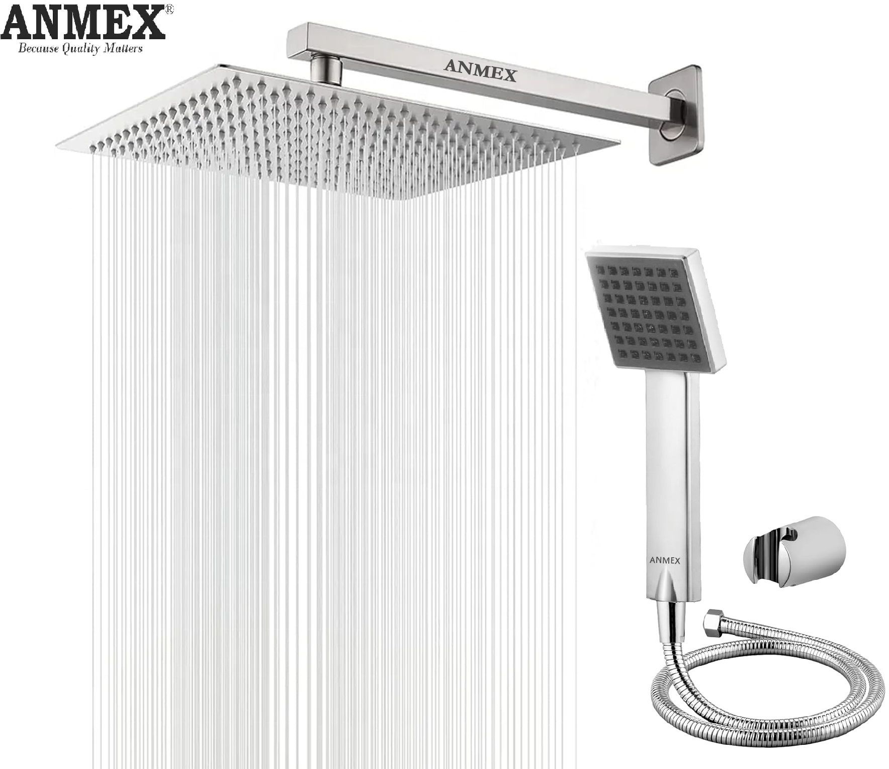 ANMEX COMBO of SS304 UltraSlim High Pressure Rainfall Shower Head With Shower Fit Arm HandShower (ABS),SS304 1.5mtr Tube And Hook 8X8+15Inch Arm+HandShower Set)-picture-23