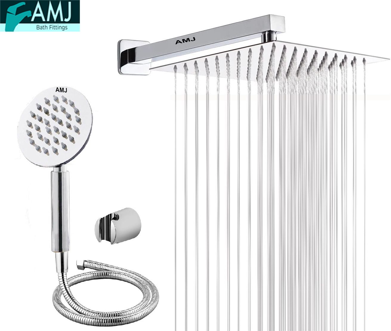 AMJ COMBO of SS304 UltraSlim High Pressure Rainfall Shower Head With Shower Fit Arm HandShower (SS),SS304 1.5mtr Tube And Hook 6X6+18Inch Arm+HandShower Set)-picture-43