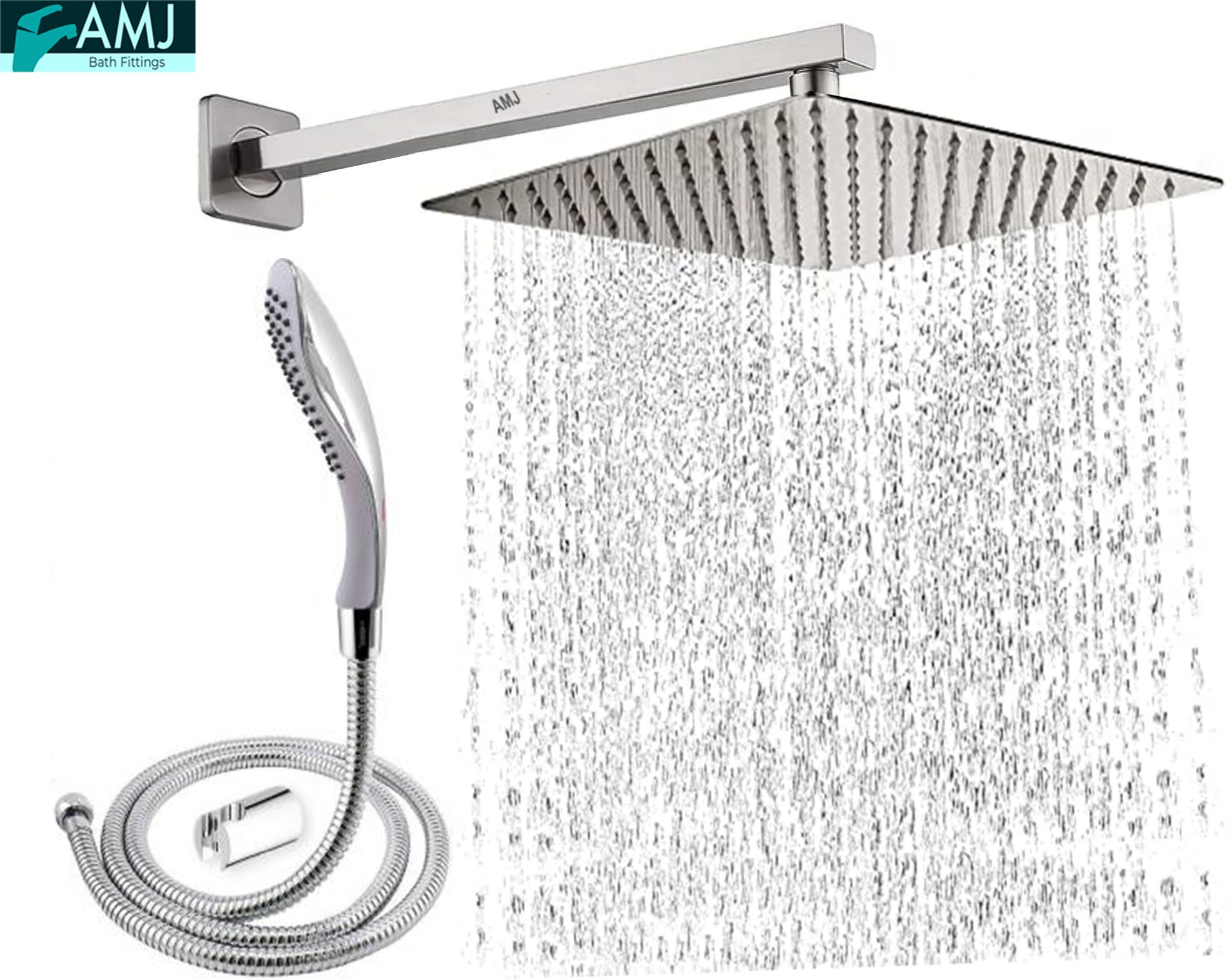 AMJ COMBO of SS304 UltraSlim High Pressure Rainfall Shower Head With Shower Fit Arm HandShower (ABS),SS304 1.5mtr Tube And Hook 10X10+24Inch Arm+HandShower Set)-image-42