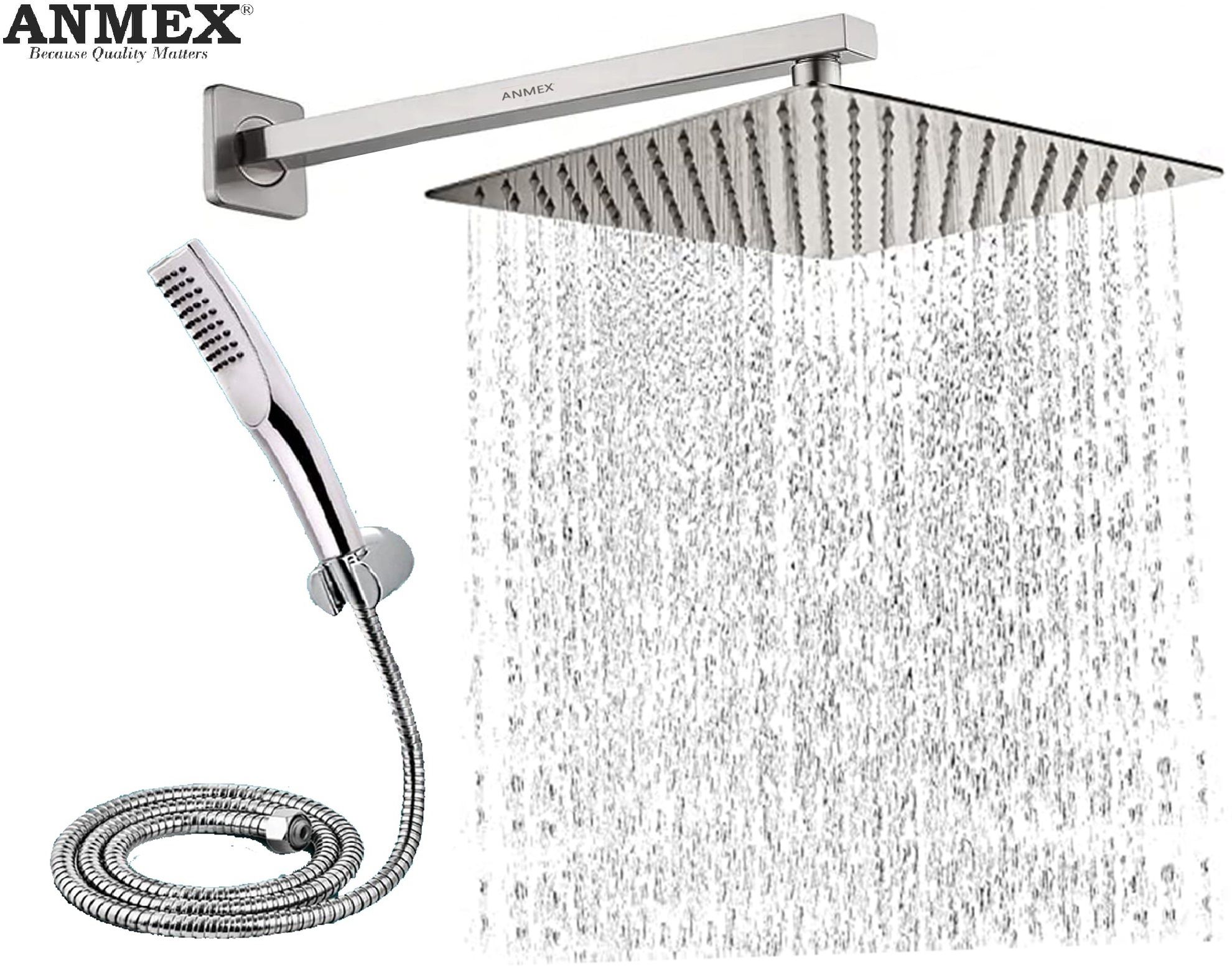 ANMEX COMBO of SS304 UltraSlim High Pressure Rainfall Shower Head With Shower Fit Arm HandShower (ABS),SS304 1.5mtr Tube And Hook 10X10+24Inch Arm+HandShower Set)-picture-11