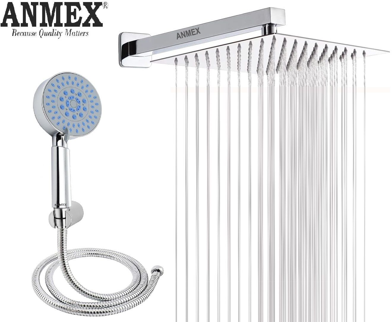 ANMEX COMBO of SS304 UltraSlim High Pressure Rainfall Shower Head With Shower Fit Arm HandShower (ABS),SS304 1.5mtr Tube And Hook 6X6+18Inch Arm+HandShower Set)-picture-10