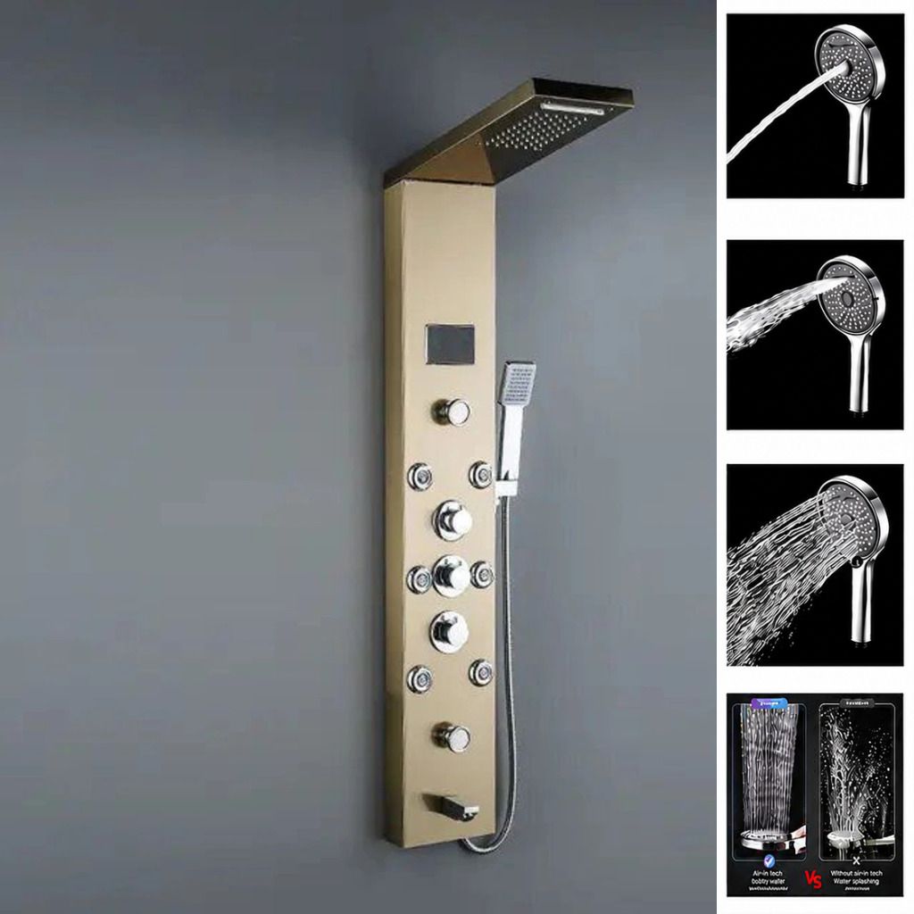 Prossimagen Shower Panel Rainfall Shower, Body Massage Spray Handheld Shower, Wall Mount Easy Connect Shower Panel Kit Luxury Gold Shower Panel 6 in One With LED Display Tower System-image-34