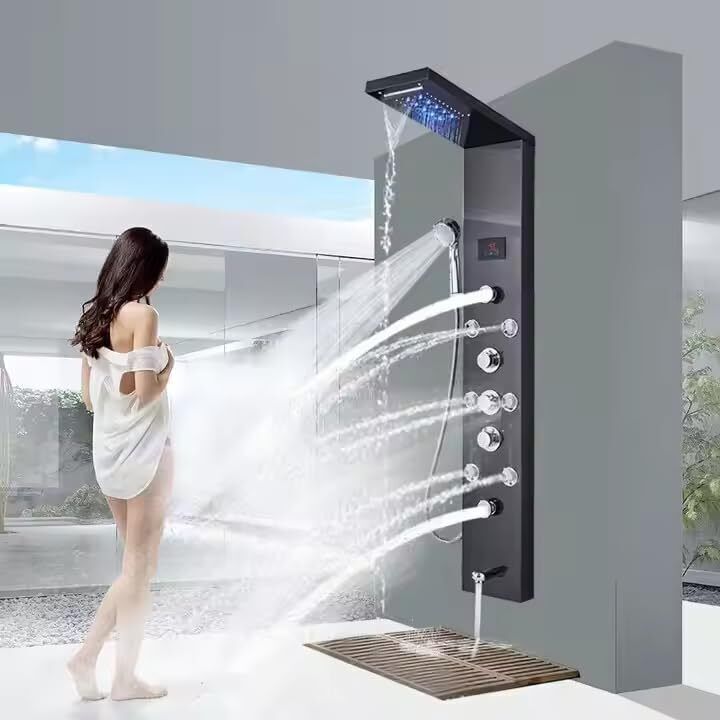 Prossimagen Shower Panel Thermostate Matte Black Adition 5 in One shower System Multifunction Body Massage Spray Handheld Shower, Wall Mount Easy Connect Shower Panel Stainless Steel-image-26