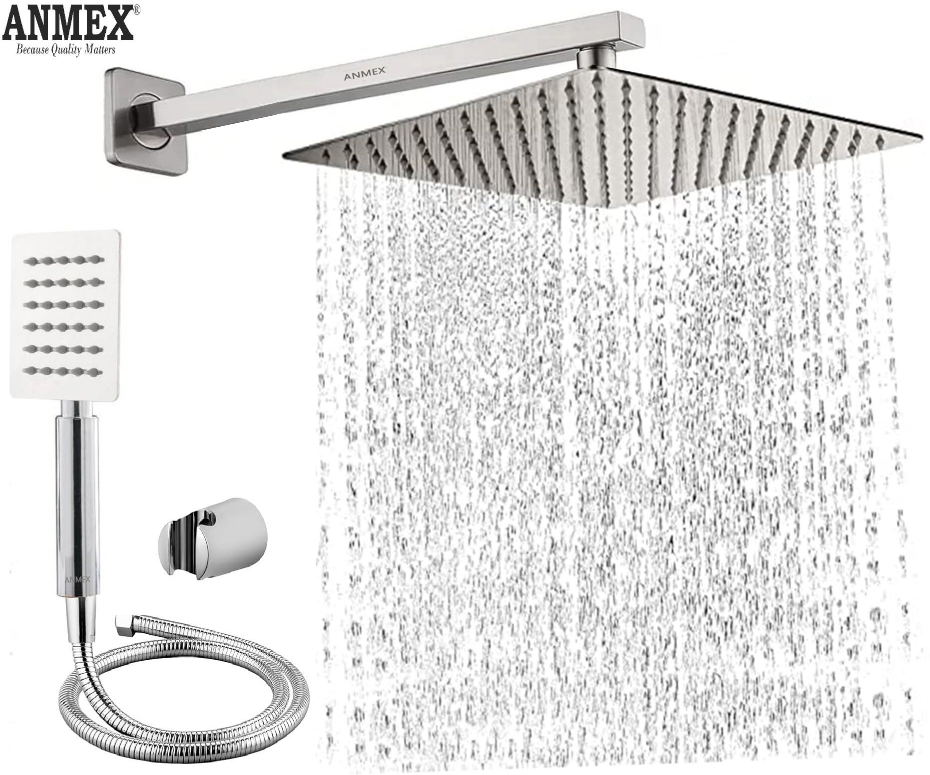 ANMEX COMBO of SS304 UltraSlim High Pressure Rainfall Shower Head With Shower Fit Arm HandShower (SS),SS304 1.5mtr Tube And Hook 10X10+24Inch Arm+HandShower Set)-picture-25