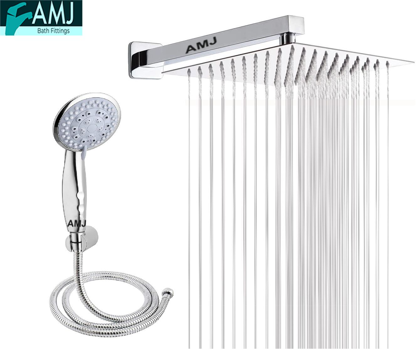 AMJ COMBO of SS304 UltraSlim High Pressure Rainfall Shower Head With Shower Fit Arm HandShower (ABS),SS304 1.5mtr Tube And Hook 6X6+18Inch Arm+HandShower Set)-image-49