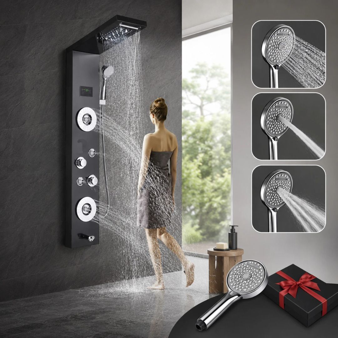 Prossimagen Free hand shower with Stainless Steel 304 | 8 in 1 Thermostatic System With LED Rainfall Shower | Hot & Cold Water Adjustable | Hand Shower Body Mist Spray | Shower Panel For Bathroom Black-image-24