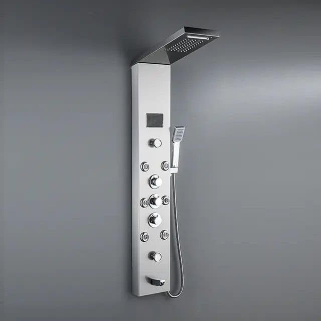 AGOEN Luxury 304 Grade Stainless Steel Shower Panel | 6-in-1 Mirror Finish 6-in-1 LED Shower System LED Rainfall | Waterfall | 8 Body Jets | Hand Shower | Temp Display-image-10