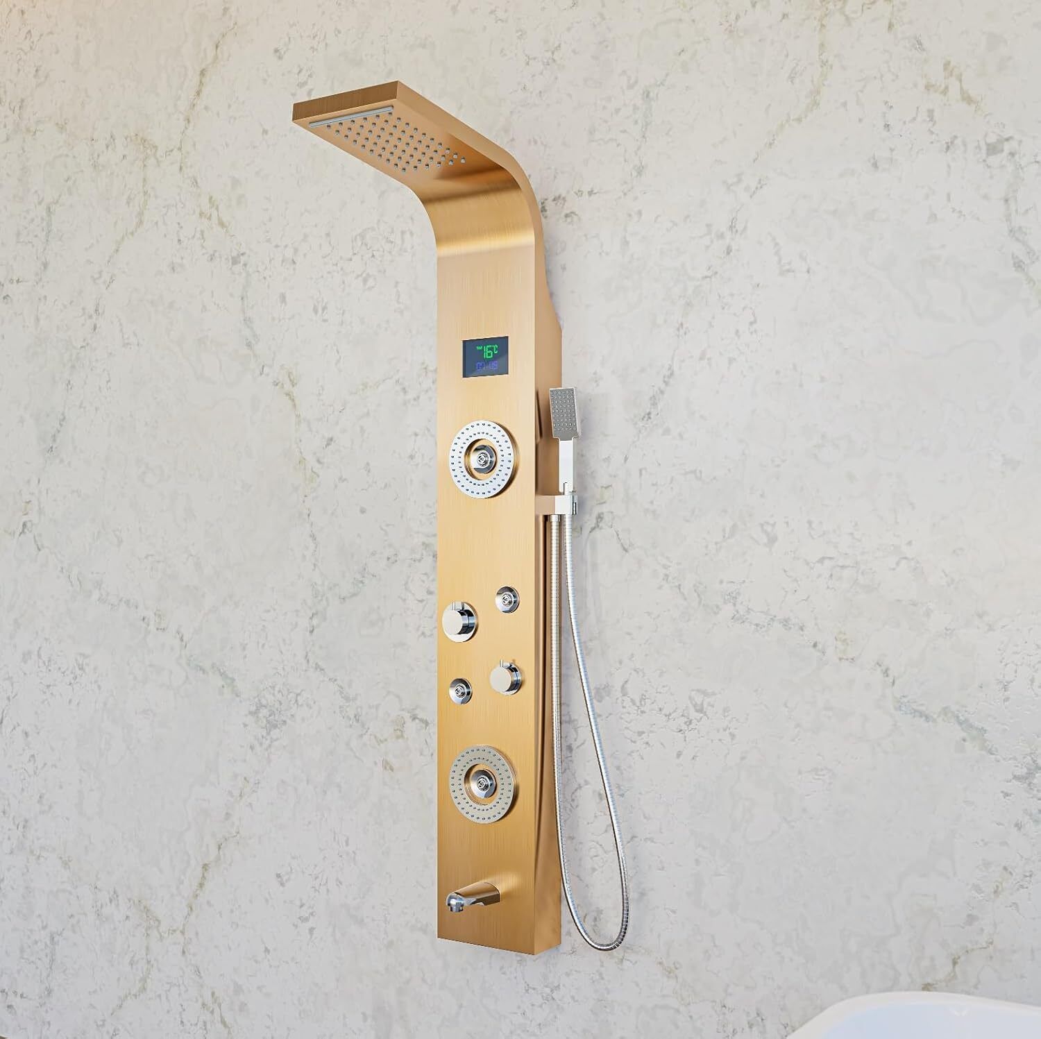 Allwinsink Temperature Display, Wall Mount Easy Connect Shower Panel Kit (GOLD) Shower system Top Rainfall Water Outlet, Waterfall Outlet, (black Glossy)-picture-25