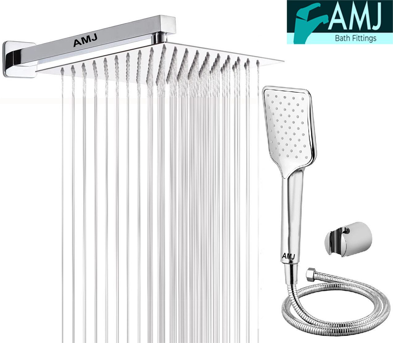 AMJ COMBO of SS304 UltraSlim High Pressure Rainfall Shower Head With Shower Fit Arm HandShower (ABS),SS304 1.5mtr Tube And Hook 6X6+15Inch Arm+HandShower Set)-picture-34