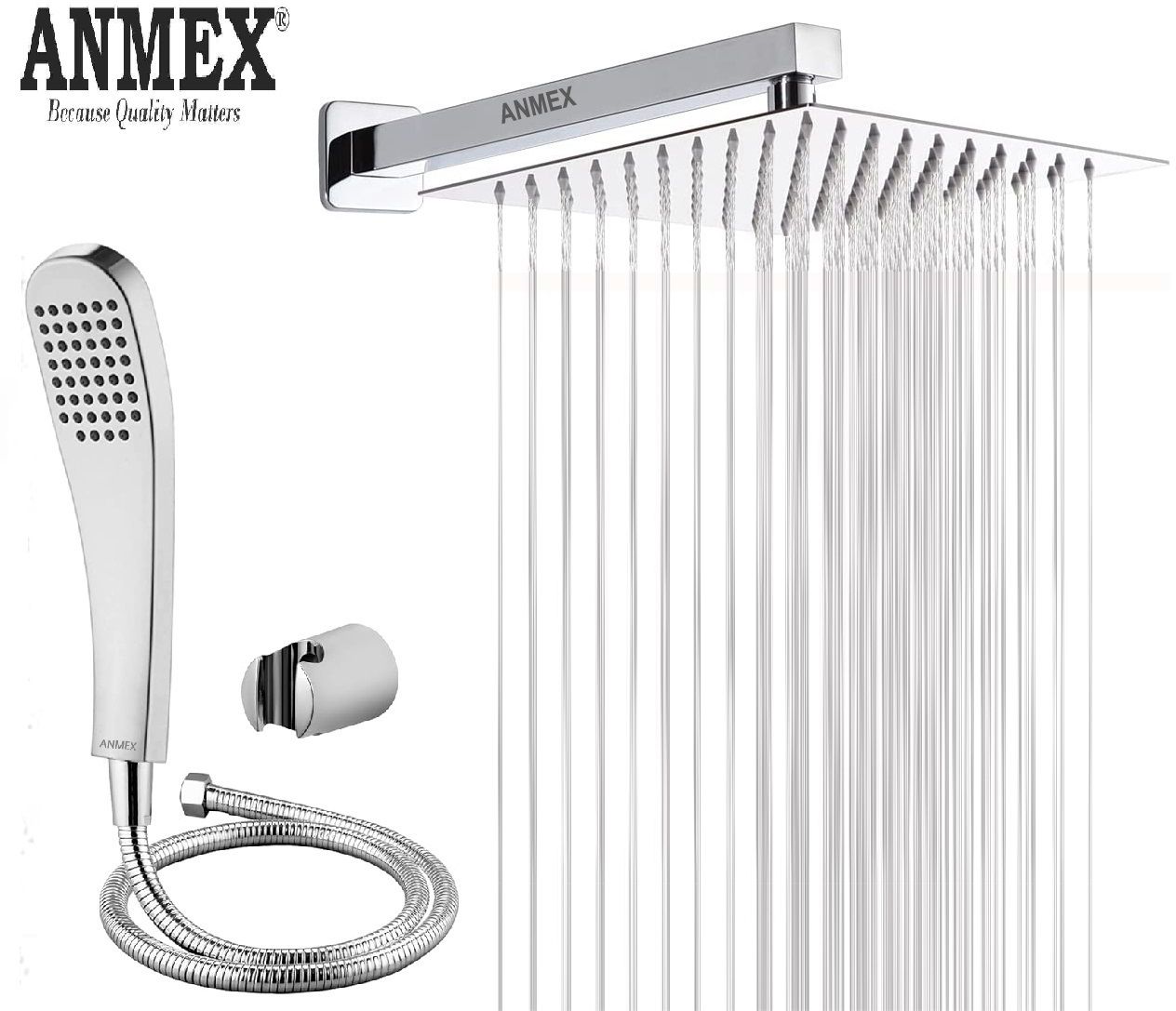 ANMEX Heavy SS304 HighPressure ShowerHead & BRASS Nut Shower Arm 6X6+18INCH ARM)-image-12