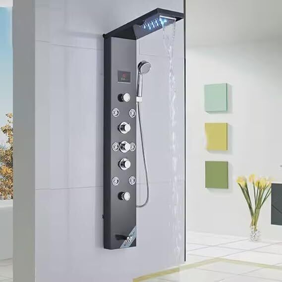 Prossimagen Shower Panel Stainless Steel 304 Grade Shower Panel 8 in 1 Tower System With LED Rainfall Shower Body Massage Spray Handheld Shower Temperature Display Easy Connect Black Color Stainless Steel 304-image-40