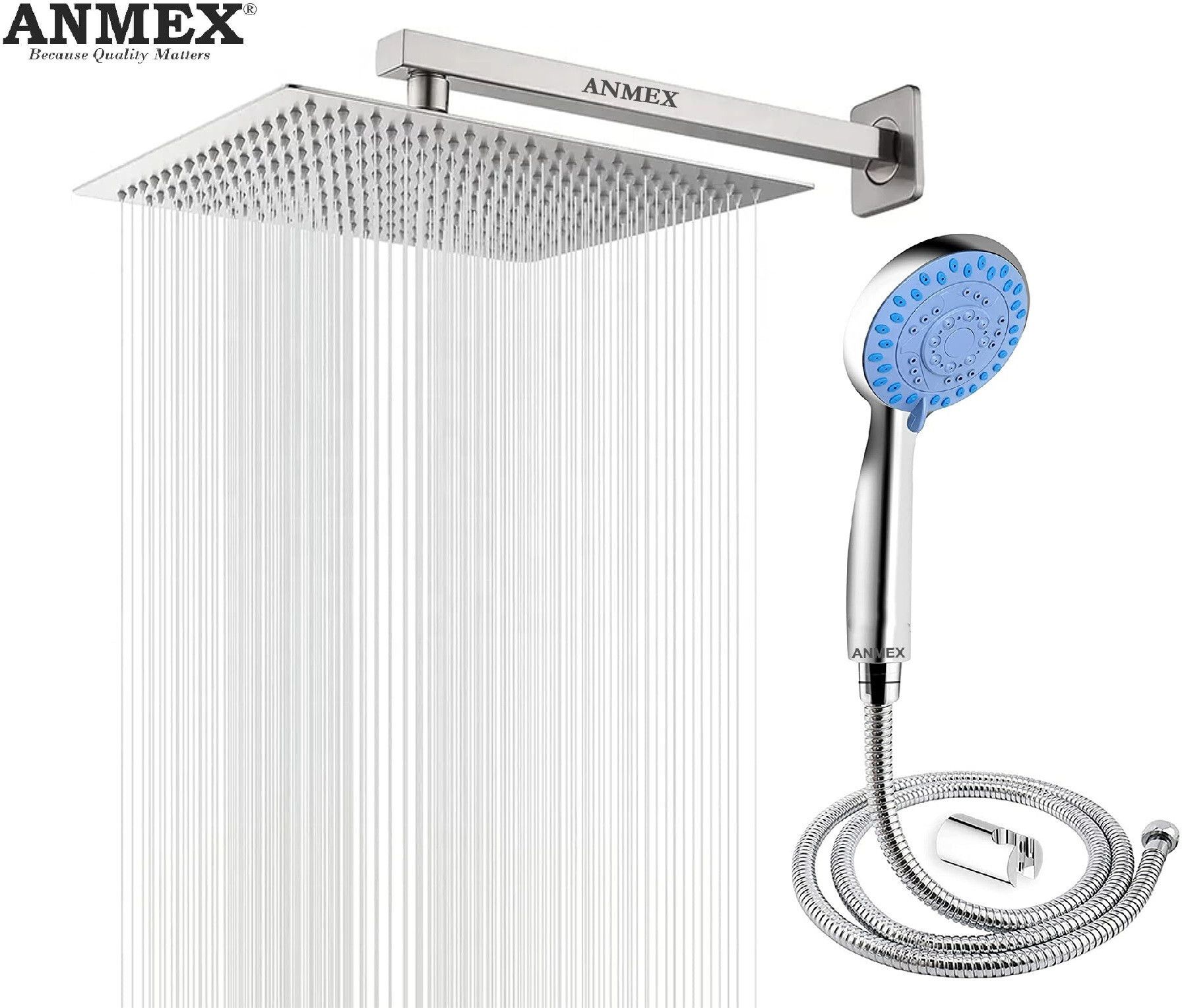 ANMEX COMBO of SS304 UltraSlim High Pressure Rainfall Shower Head With Shower Fit Arm HandShower (ABS),SS304 1.5mtr Tube And Hook 8X8+15Inch Arm+HandShower Set)-picture-46