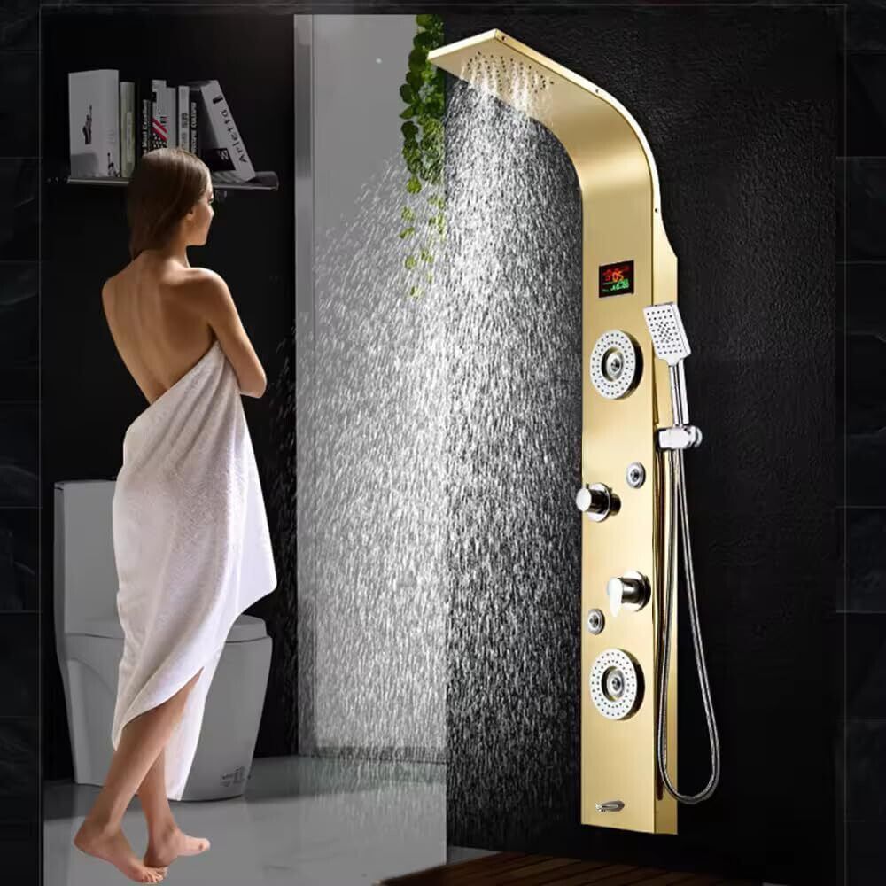 Prossimagen Shower Panel Thermostatic 5 in One With Digital LED Display Temperature Wall Mount Easy Connect Gold Shower Panel System Rainfall Luxury Shower set Stainless Steel-image-33
