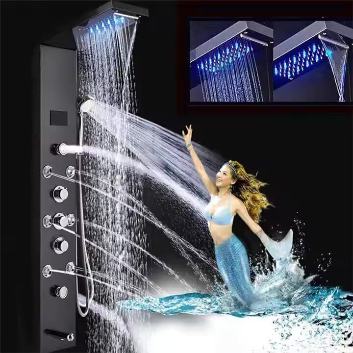 Prossimagen Shower Panel Matte Black Adition 6 in One Thermostate shower System Body Spray Handheld Shower, Wall Mount Easy Connect Shower Panel Temperature Display Brush Black Stainless Steel 304-picture-10