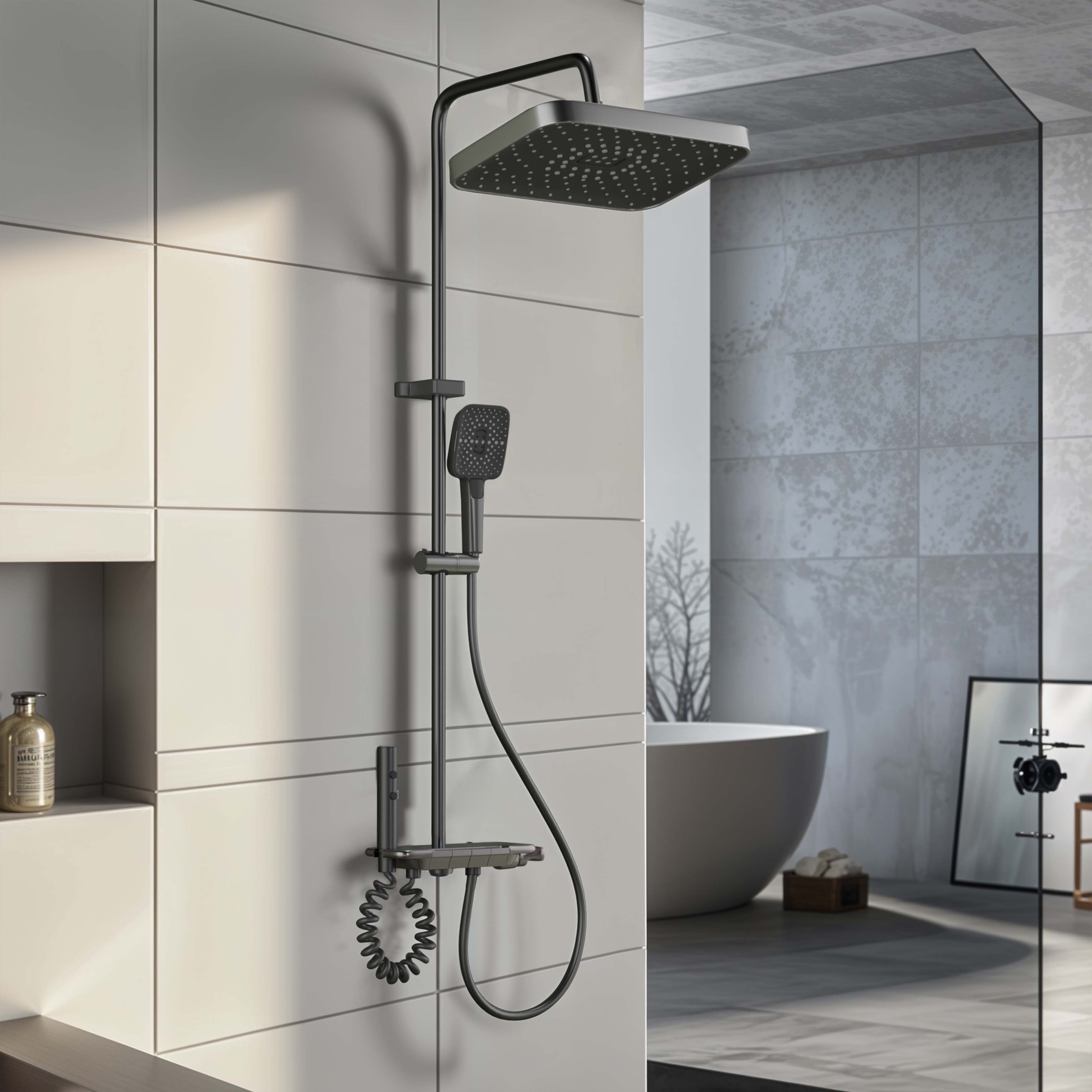 Ruhe Ripple 4-in-1 Smart Overhead Shower Panel Includes Hand Shower & Health Faucet Shower Panel Triple-flow hand shower with rainfall, massage & focus modes