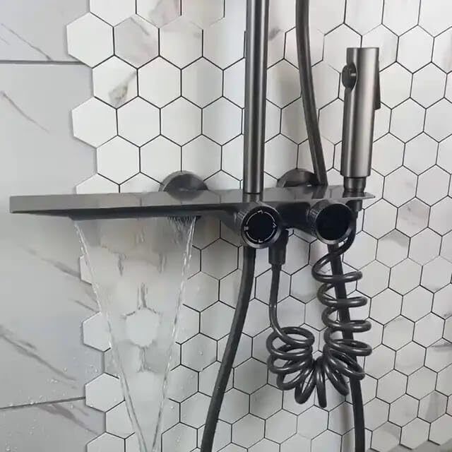 Prossimagen Shower Panel Thermostatic Shower Set Rainfall Modular / Wall Mount Shower Set For Bathroom 4 function Mixer Hot & Cold Shower system Overhead rectangle Shower Kit /Grey Color Brass Body-image-36