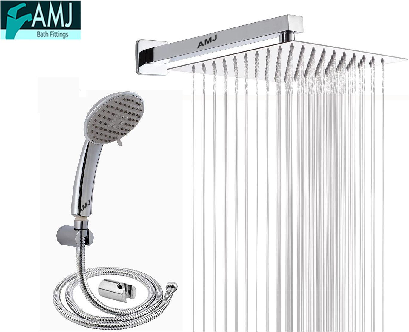 AMJ COMBO of SS304 UltraSlim High Pressure Rainfall Shower Head With Shower Fit Arm HandShower (ABS),SS304 1.5mtr Tube And Hook 6X6+18Inch Arm+HandShower Set)-picture-33