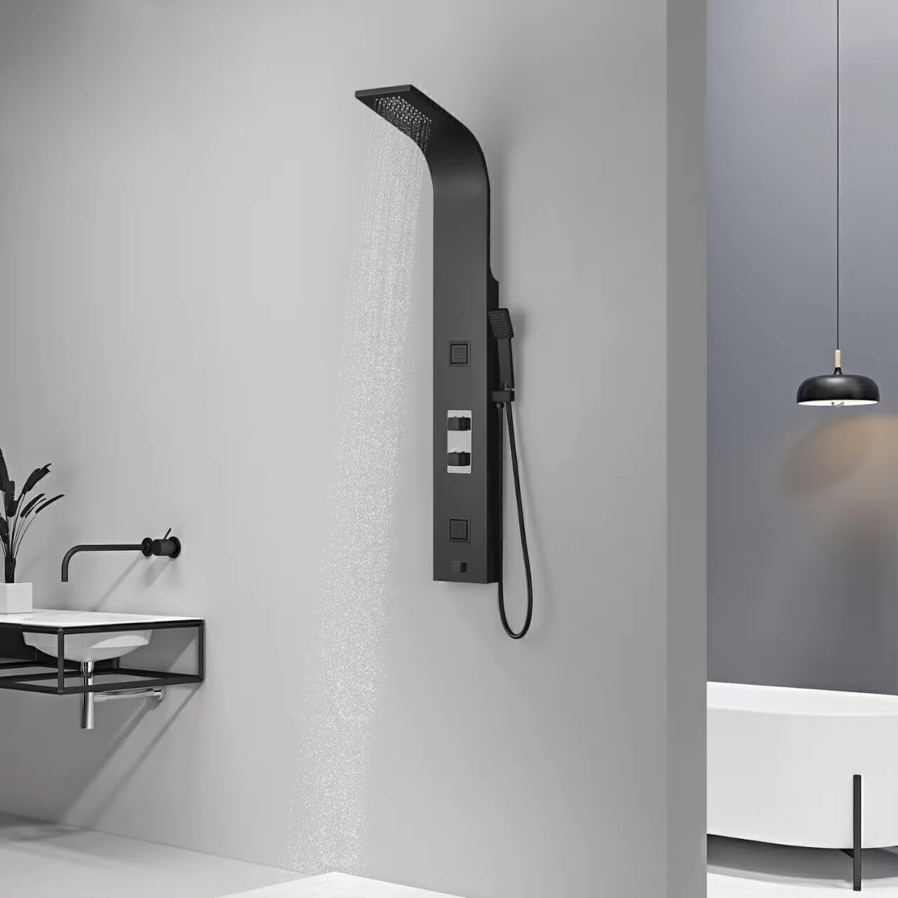 Prossimagen shower Panel Matte Black Adition Thermostate Shower Panel System Rainfall Shower Body Massage Spray Handheld Shower Wall Mount Easy Connect Luxury Shower Panel Stainless Steel 304-image-21
