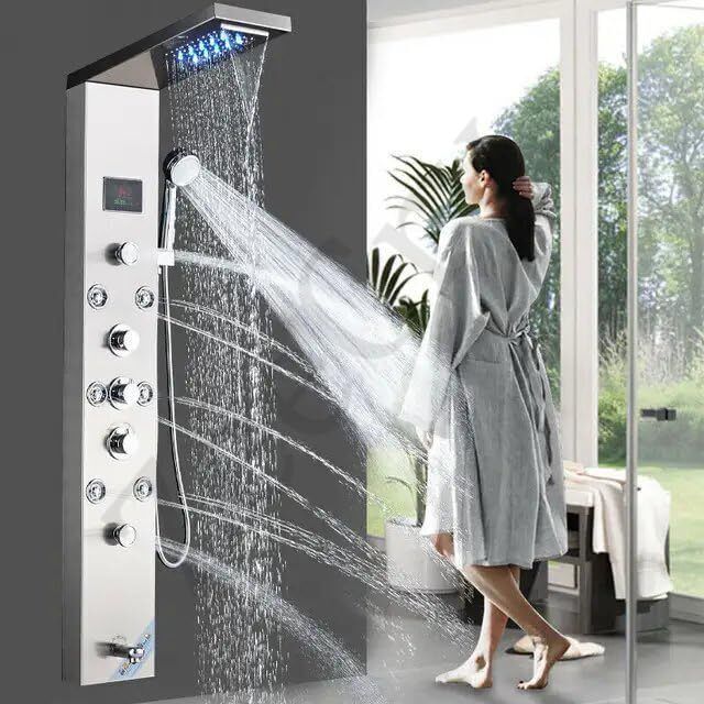 Prossimagen Shower Panel Chrome Rainfall Shower 8 Body Massage Spray Luxury Bathroom shower Panel Thermostatic Waterfall Body Massage Shower Panel Chrome Stainless Steel 304-image-27