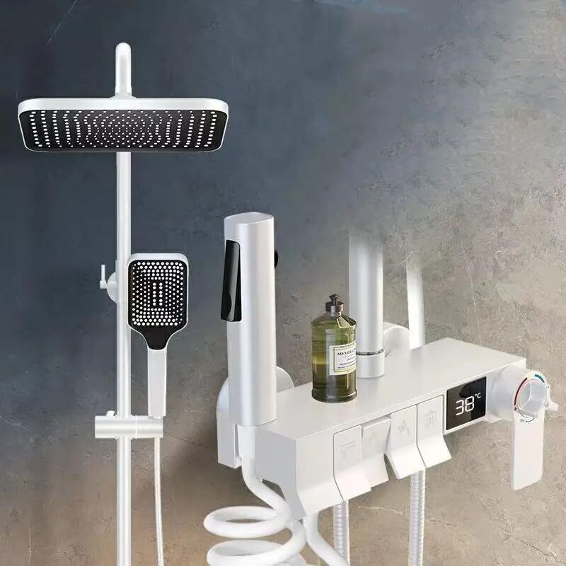 Prossimagen Rainfall Modular Bathroom Thermostatic Shower Panel White Color (Stainless Steel) SS304 Heavy Brass Body 4 in 1 Wall Mixer Single Lever Shower set Luxury-image-15