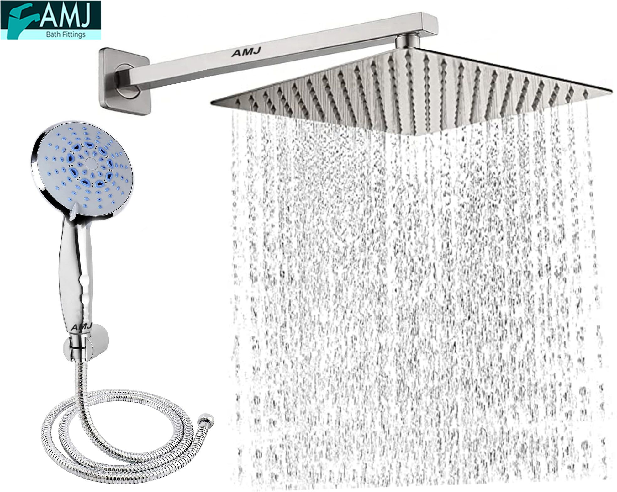 AMJ COMBO of SS304 UltraSlim High Pressure Rainfall Shower Head With Shower Fit Arm HandShower (ABS),SS304 1.5mtr Tube And Hook 10X10+24Inch Arm+HandShower Set)-picture-15
