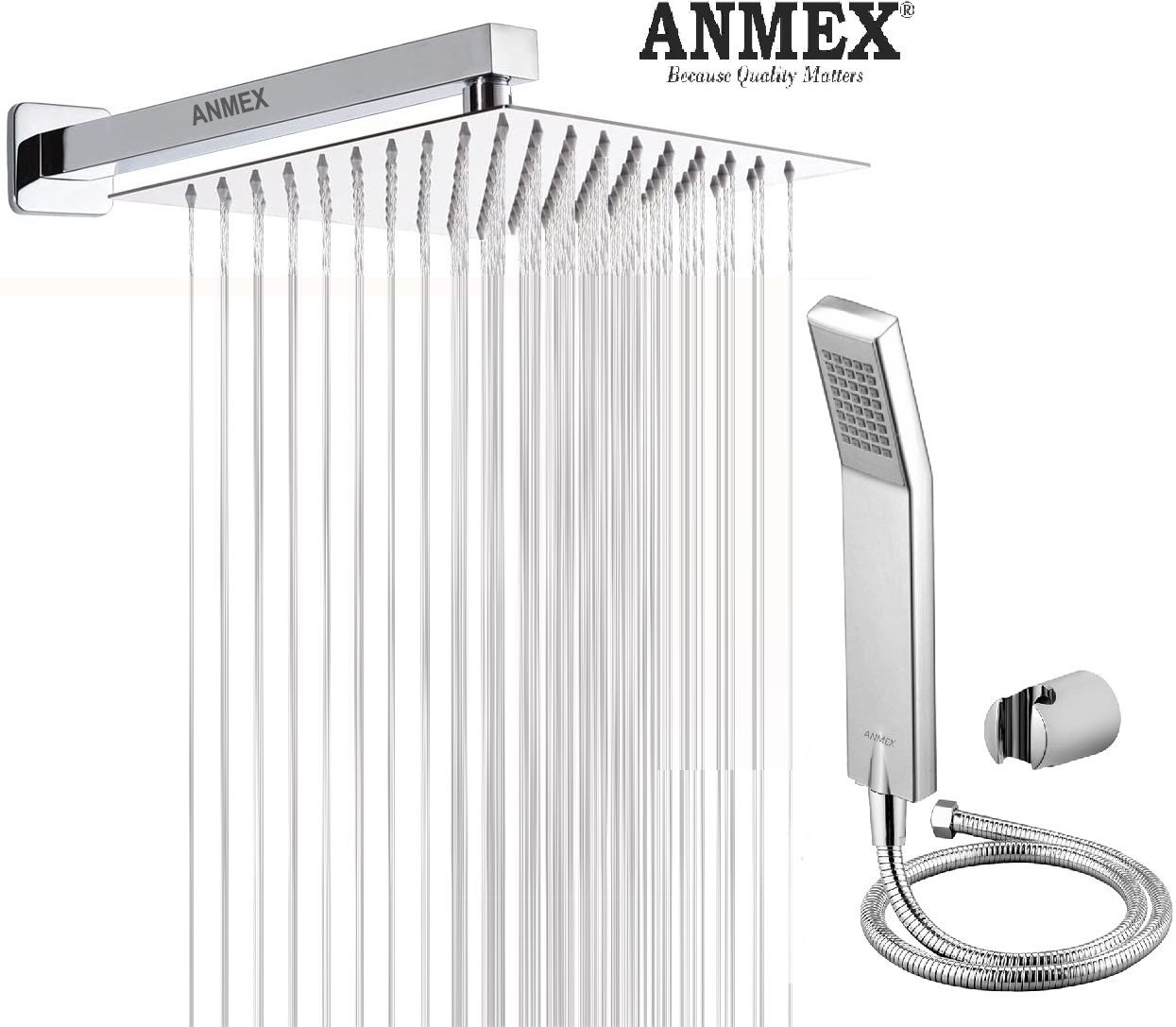 ANMEX COMBO of SS304 UltraSlim High Pressure Rainfall Shower Head With Shower Fit Arm HandShower (ABS),SS304 1.5mtr Tube And Hook 6X6+15Inch Arm+HandShower Set)-picture-19