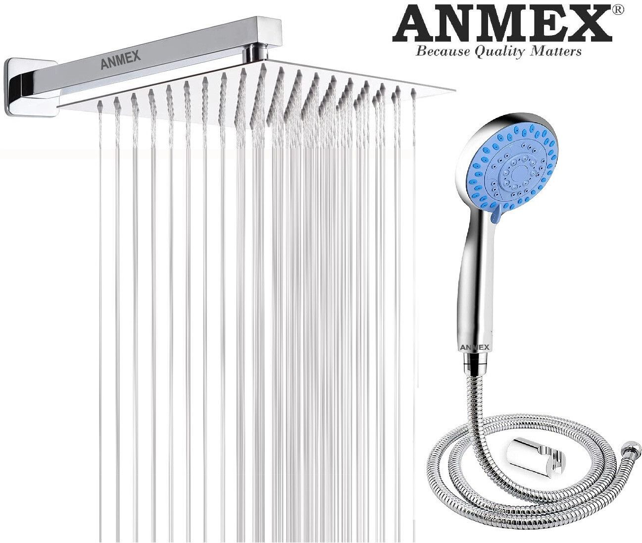 ANMEX COMBO of SS304 UltraSlim High Pressure Rainfall Shower Head With Shower Fit Arm HandShower (ABS),SS304 1.5mtr Tube And Hook 6X6+15Inch Arm+HandShower Set)-picture-21
