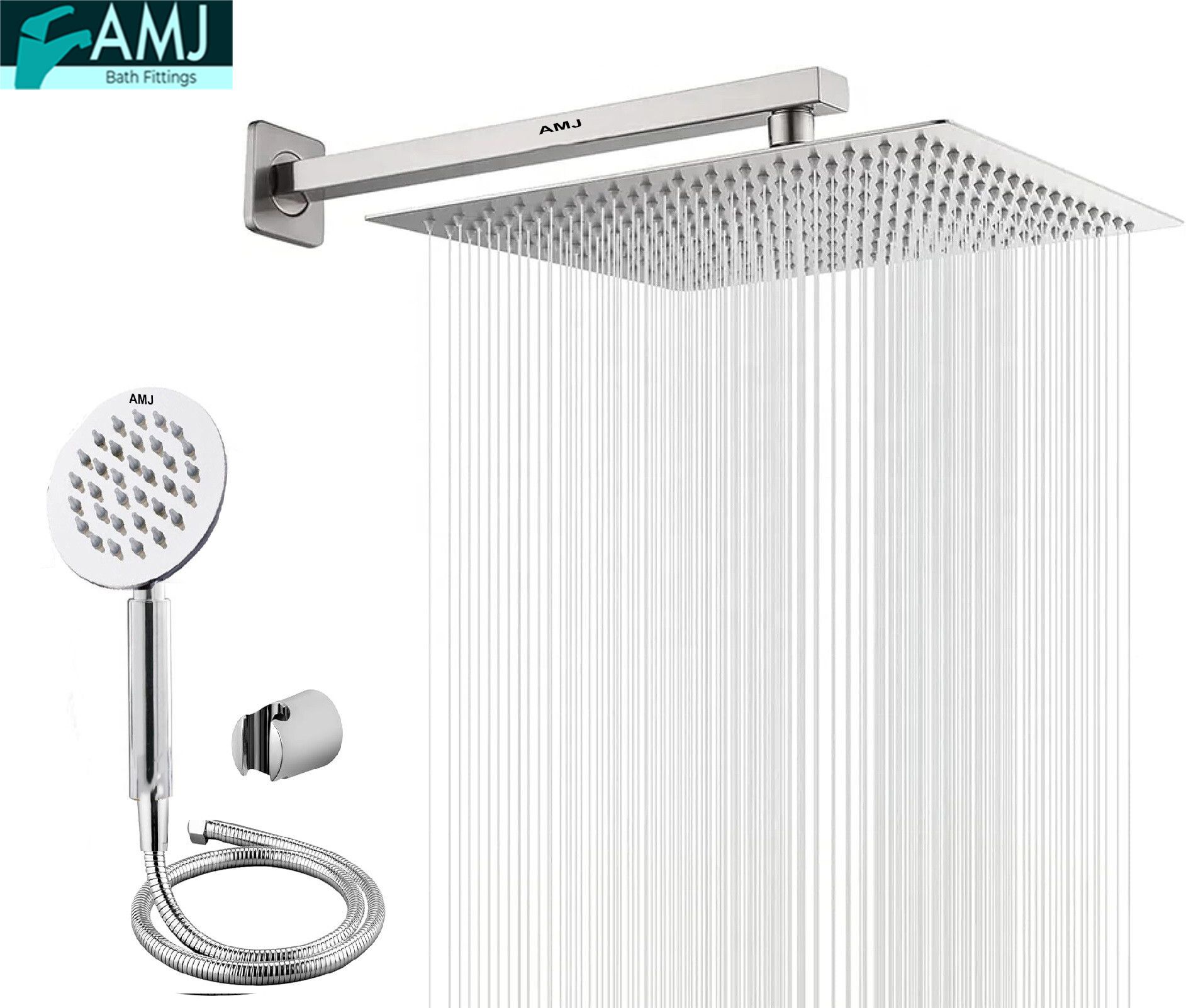 AMJ COMBO of SS304 UltraSlim High Pressure Rainfall Shower Head With Shower Fit Arm HandShower (SS),SS304 1.5mtr Tube And Hook 8X8+18Inch Arm+HandShower Set)-picture-48