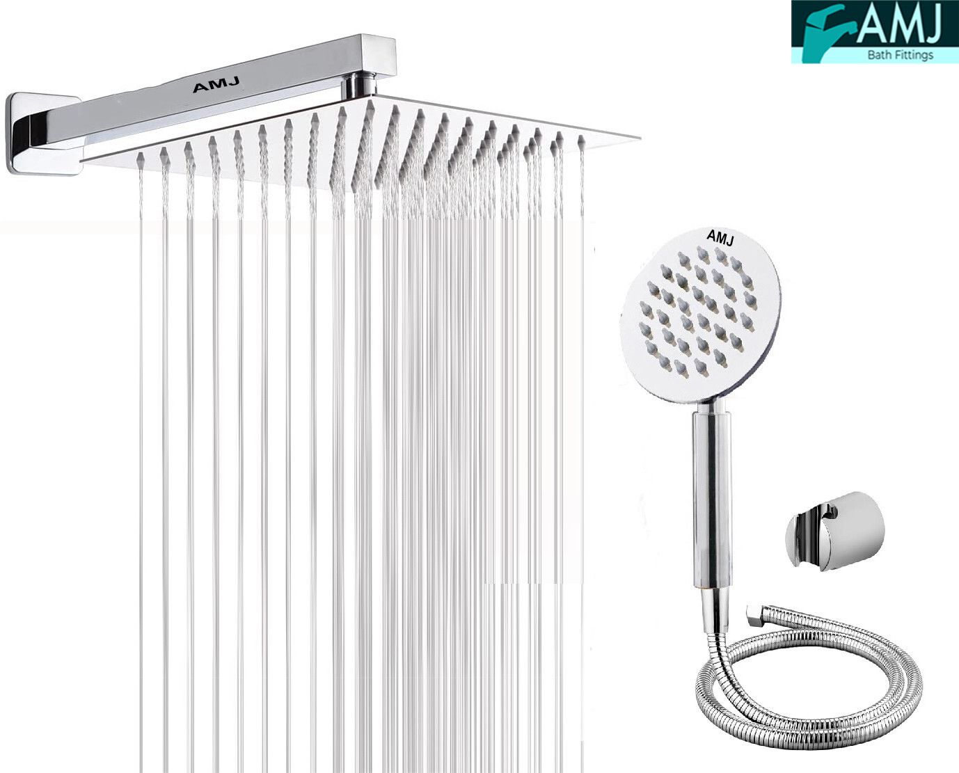 AMJ COMBO of SS304 UltraSlim High Pressure Rainfall Shower Head With Shower Fit Arm HandShower (SS),SS304 1.5mtr Tube And Hook 6X6+15Inch Arm+HandShower Set)-picture-44