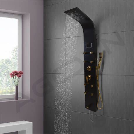 FOURVIEW Luxury Thermostatic Shower Panel Tower Stainless Steel Wall Mounted Shower System Rainfall, Waterfall, 8 Body Jets, Hand Shower, Temp Display