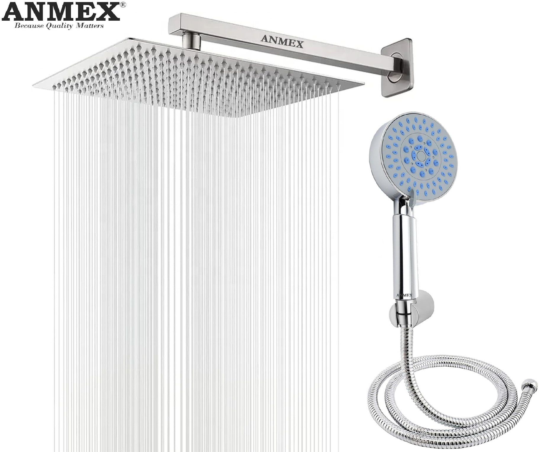 ANMEX COMBO of SS304 UltraSlim High Pressure Rainfall Shower Head With Shower Fit Arm HandShower (ABS),SS304 1.5mtr Tube And Hook 8X8+15Inch Arm+HandShower Set)-picture-40