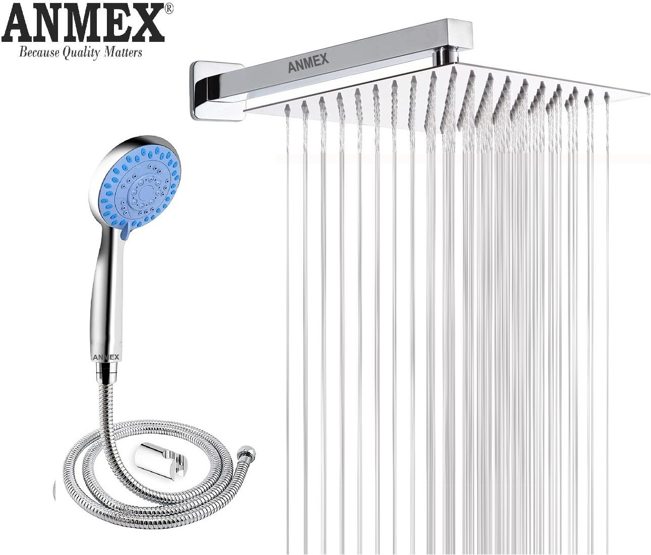 ANMEX COMBO of SS304 UltraSlim High Pressure Rainfall Shower Head With Shower Fit Arm HandShower (ABS),SS304 1.5mtr Tube And Hook 6X6+18Inch Arm+HandShower Set)-picture-13