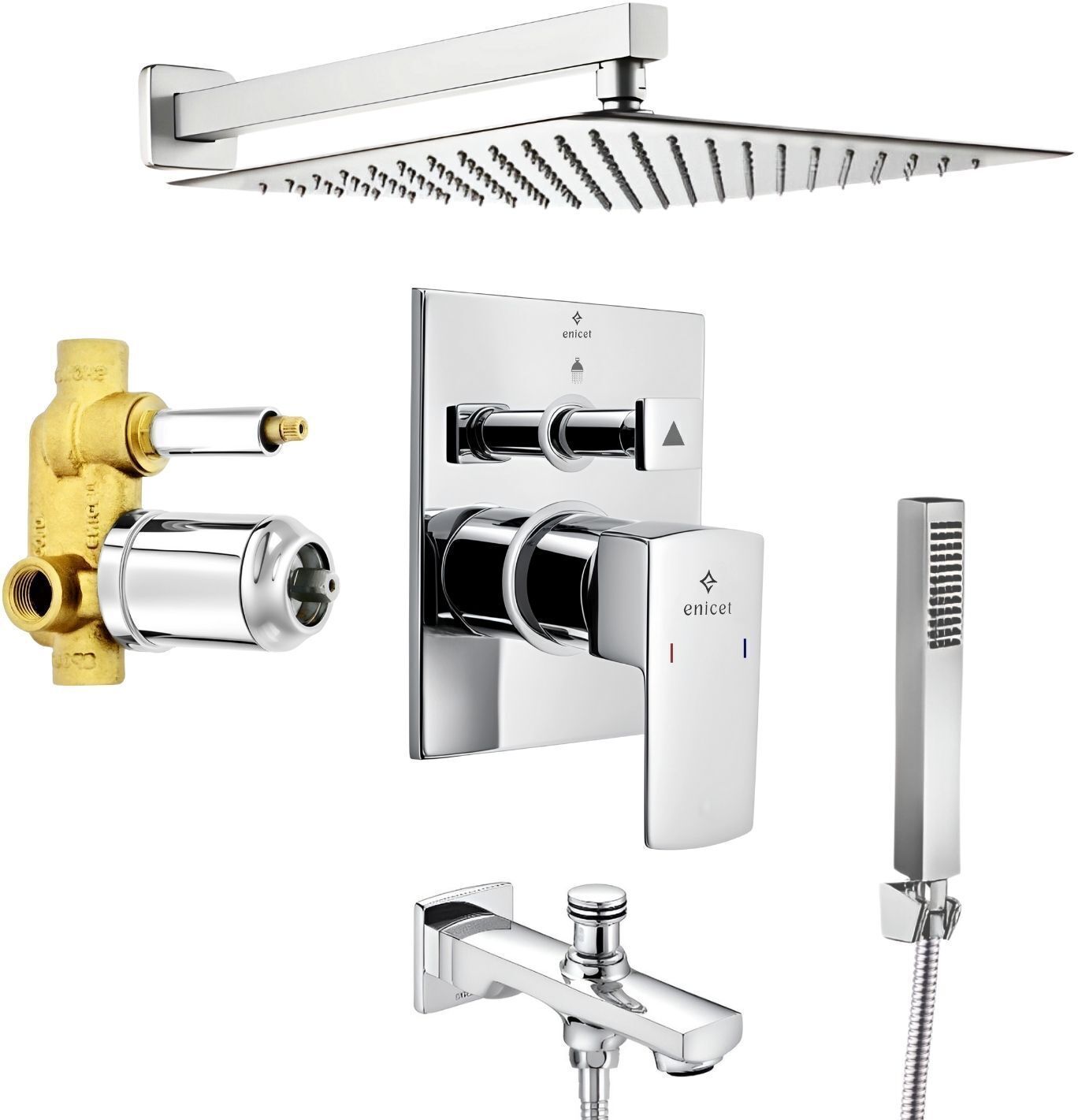 ENICET 12 inch Shower Set | High Flow Single Lever Diverter Set | Shower System | N53 Quality Brass High Flow Diverter with Spout, & 12 inch rain flow Shower Rain flow-picture-23