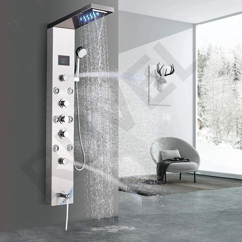 SIORE AERIO 6 in 1 Tower Thermostatic Shower Panel with Hydropowered LED Light + Digital Display & 6 Water Functions With Top Rainfall Water Outlet, Waterfall Outlet, (Glossy Silver)-picture-30