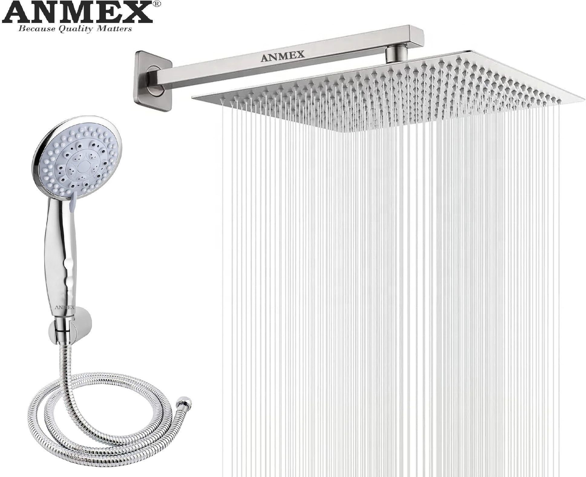 ANMEX COMBO of SS304 UltraSlim High Pressure Rainfall Shower Head With Shower Fit Arm HandShower (ABS),SS304 1.5mtr Tube And Hook 8X8+18Inch Arm+HandShower Set)-picture-31